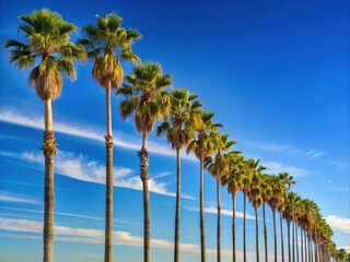 Serene landscape featuring a picturesque row of slender California palm trees swaying gently in the breeze against a brilliant blue cloudless sky.
