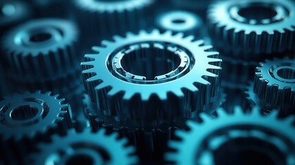 abstract background of interlocking gears in various shades of cyan mechanical complexity precise details subtle gradients and shadows create depth techinspired design element