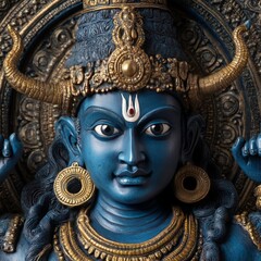 Close-up of a blue Hindu deity statue with golden accents.