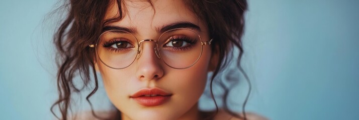 Obraz premium A portrait of a young woman with dark curly hair, wearing glasses, and looking directly at the camera. Her expression is confident and engaging, conveying intelligence, style, and a sense of self-assu