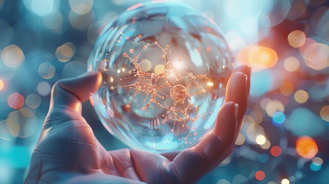 Hand Holding a Crystal Sphere with a Molecular Structure