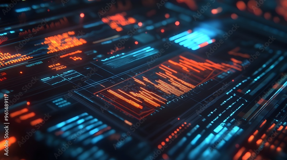 Poster holographic display of financial charts graphs and investment data analytics for visualizing busines