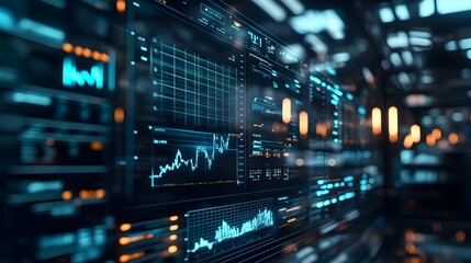 Holographic interface showcasing a digital market dashboard with real time data visualization charts and analytics for financial investment and business intelligence
