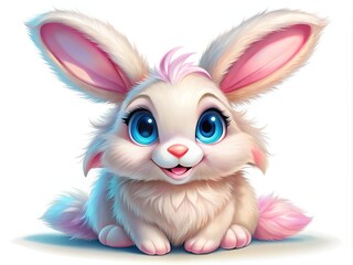 The cartoon bunny boasts a soft pink complexion, bright blue eyes that sparkle with mischief, and luscious ears that flop about with adorable elasticity.