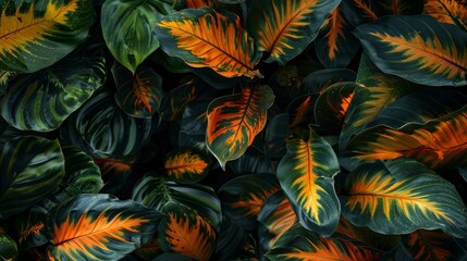 Naklejka premium A layer of green and orange leaves covering another layer of identical leaves