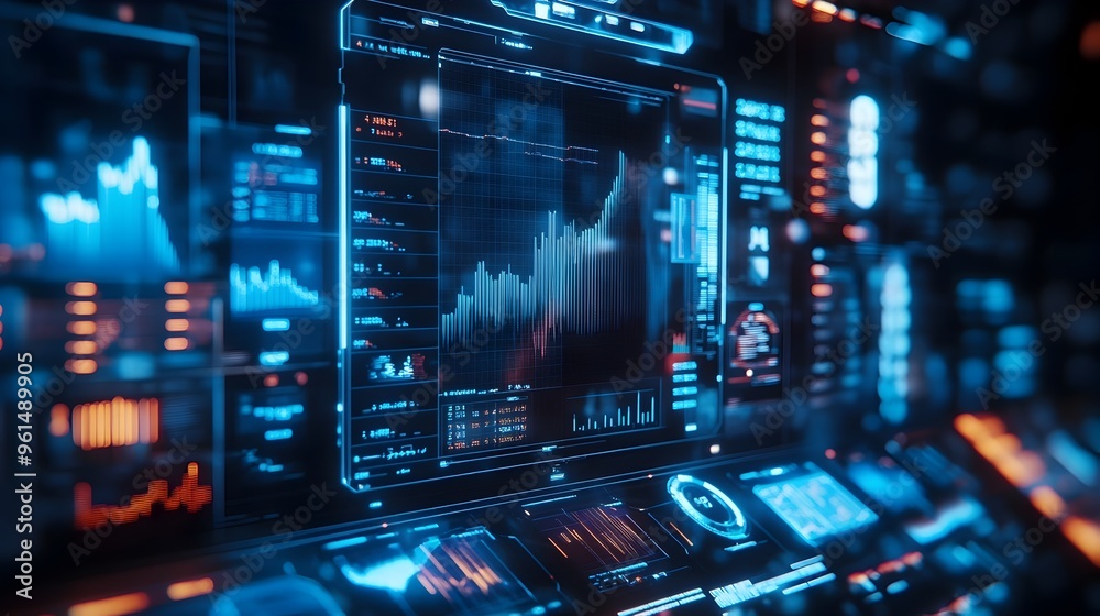 Poster futuristic holographic projection showcasing a cutting edge financial analysis interface with a wide