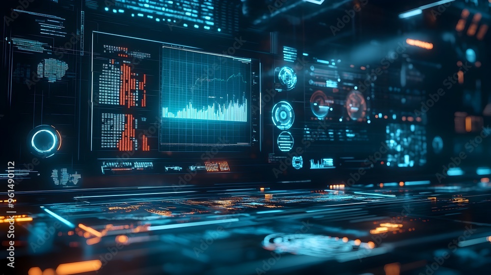 Poster a holographic futuristic financial analysis tool featuring a comprehensive dashboard with various da