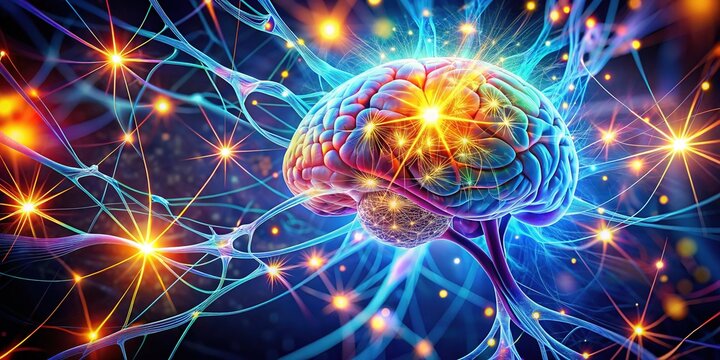 Vibrant, abstract illustration of a human brain with glowing neurons, synapses, and thought bubbles, symbolizing creativity, intelligence, and cognitive function in a stylized, futuristic design.