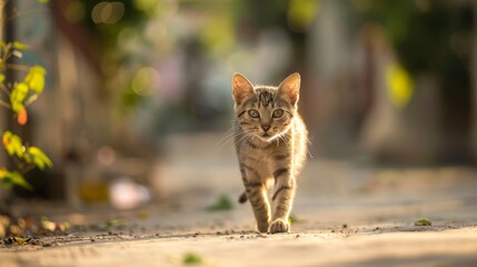  A cat strolls along a street, beside a pile of leaves against the roadside, gazing at the camera