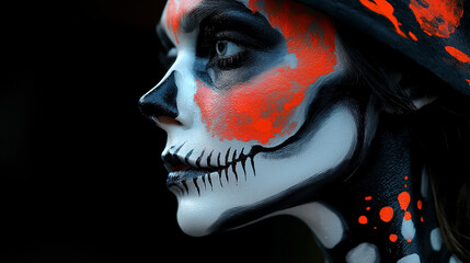 Portrait of young woman with sugar skull makeup  of death as Santa Muerte. Day of the Dead or Halloween concept.