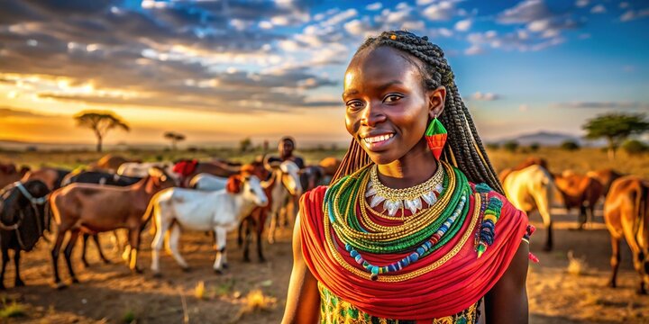 Vibrant African woman with intricate braids and colorful attire, adorned with traditional jewelry, standing in a rustic savannah landscape with goats in the background.