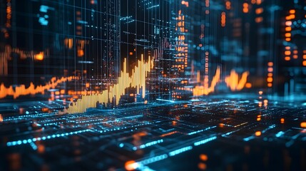 Fototapeta premium Dynamic holographic visualization illustrating the latest trends and fluctuations in the cryptocurrency market using futuristic digital data analytics and financial charting