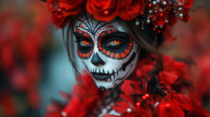 Fashion model with sugar skull makeup. Dia de los muertos. Day of The Dead. Halloween.