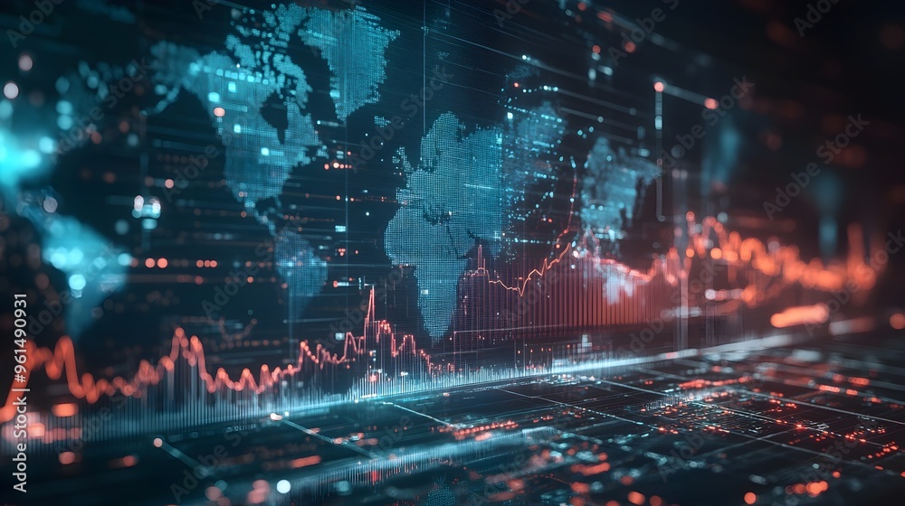 Poster holographic display showcasing a comprehensive global financial network with dynamic data visualizat