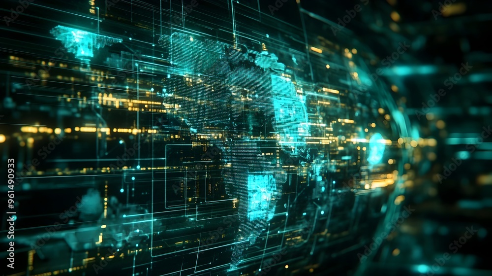 Poster holographic display of a futuristic global financial network data visualization with abstract digita