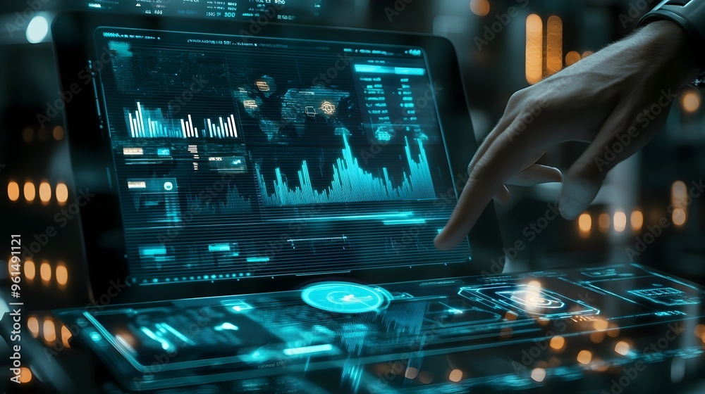 Poster holographic trading interface with comprehensive analytics and data visualization for monitoring fin