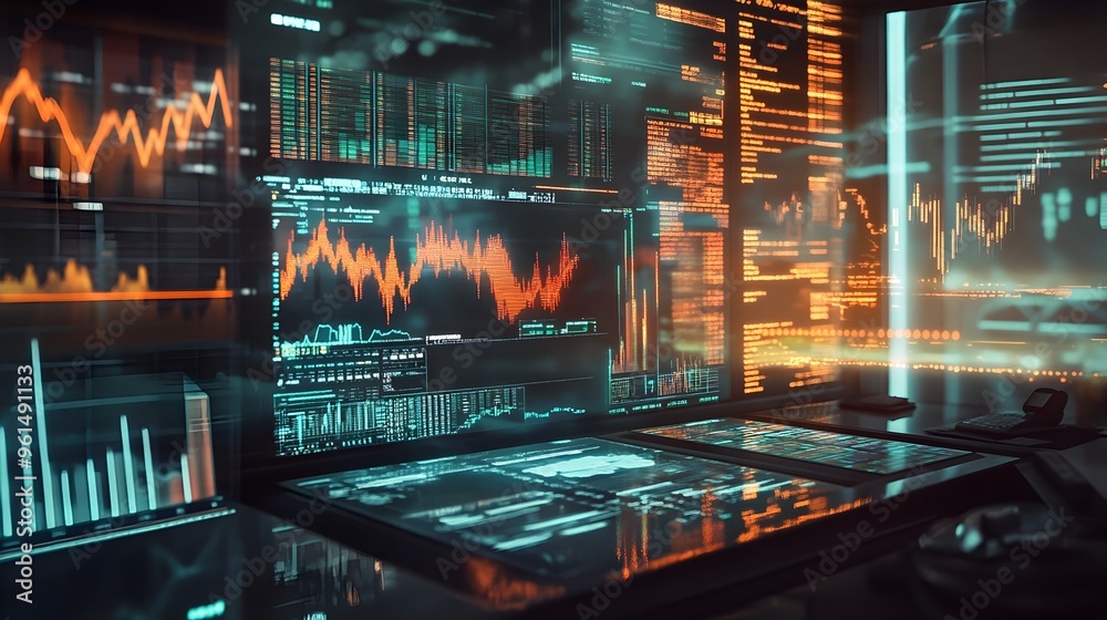 Poster futuristic hologram display featuring a comprehensive trading interface with advanced data analytics