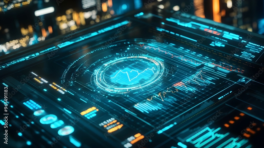 Poster a futuristic holographic interface showcasing an interactive market prediction tool with dynamic gra