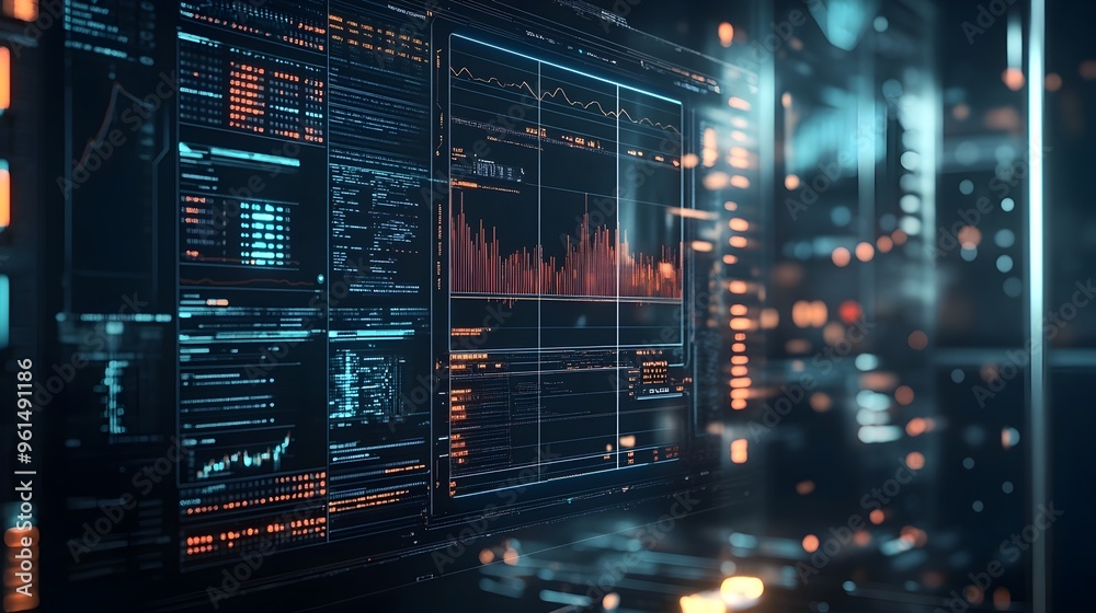 Poster futuristic hologram display featuring a high tech trading interface showcasing comprehensive analyti