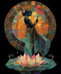 Divine Krishna standing gracefully on a lotus flower, surrounded by serene aura and divine light, vibrant spiritual energy backdrop, new beautiful stock image illustration AI