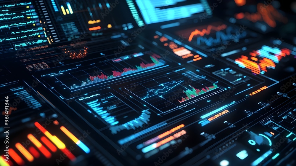 Poster holographic interactive market prediction dashboard displaying real time graphs charts and analytics