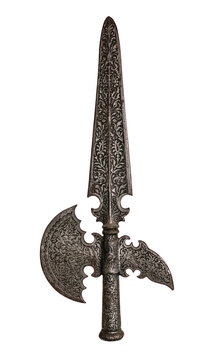 old and vintage halberd on white, isolated