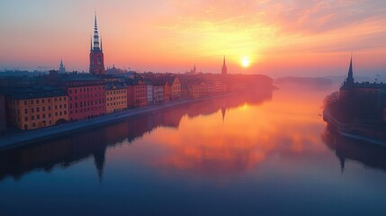 Naklejka premium aerial view of stockholms old town at golden hour colorful historic buildings reflected in calm waters winding cobblestone streets church spires