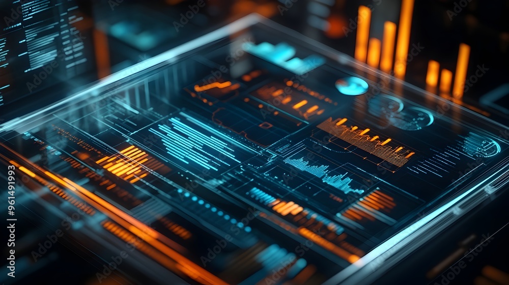 Poster detailed 3d holographic financial report with comprehensive data visualization and analytics for bus