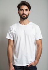 Fototapeta premium A young man posing confidently in a plain white t-shirt against a neutral background, perfect for fashion or lifestyle concepts.