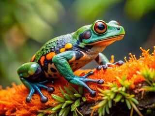 Fototapeta premium Vibrant green poison tree frog perched on a moss-covered branch, its bright orange and black spots standing out against the lush rainforest surroundings.