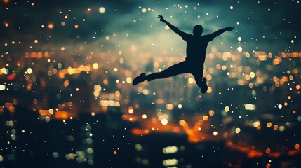 Naklejka premium A silhouette of a person leaping through the air above a cityscape at night, with glittering lights and a sense of freedom and exhilaration. The image symbolizes courage, ambition, and the pursuit of 