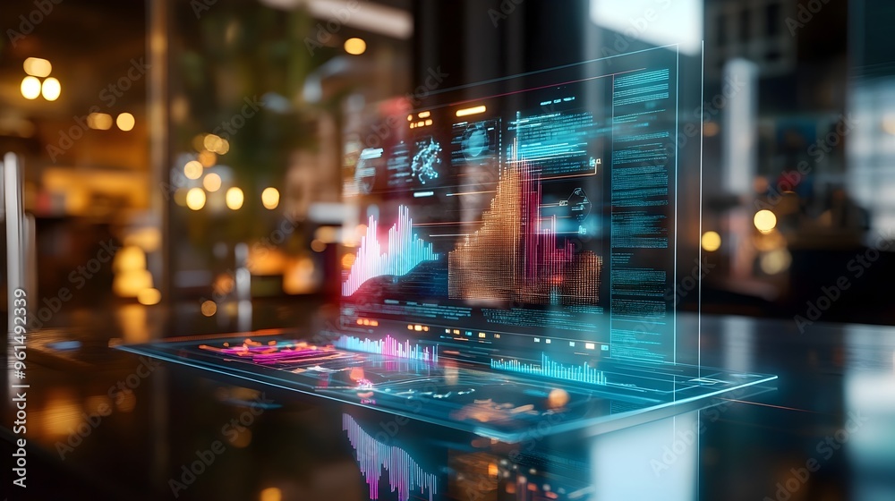 Poster holographic display showcasing a real time investment risk assessment tool with data visualizations 