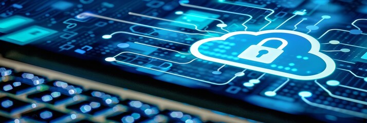 Cloud Computing Security, Data Protection. Symbol Over Circuit Board With Glowing Nodes And Lines.