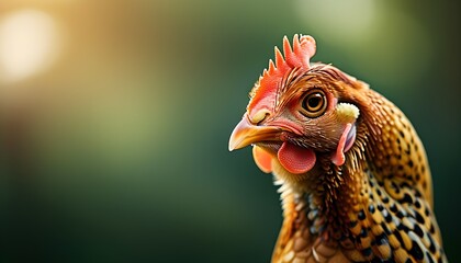 Serene close-up of a chicken face against a blurred nature background, capturing the essence of farm life and poultry in a tranquil setting