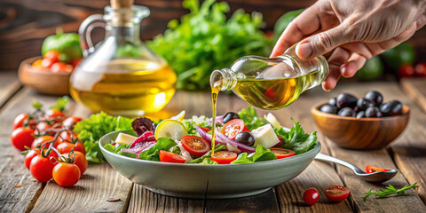 Hand pouring olive oil over a fresh salad, healthy fats for brain health, Mediterranean diet concept