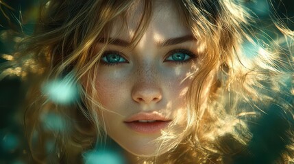 aigenerated portrait young woman with flowing blonde hair ethereal outdoor setting hyperrealistic details
