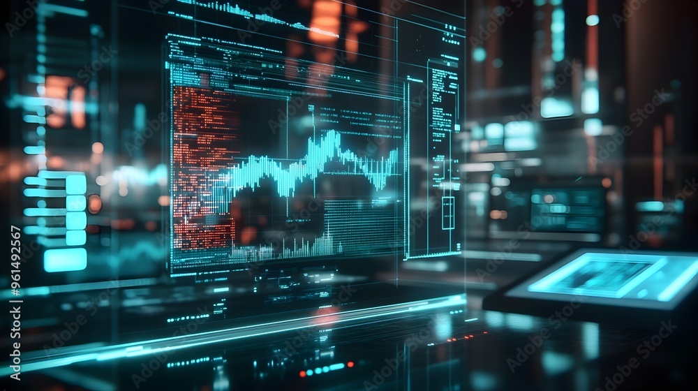 Poster holographic representation of a futuristic virtual trading environment displaying detailed financial