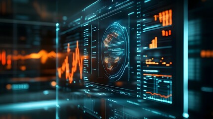 Obraz premium A holographic representation of a futuristic virtual trading environment with detailed data visualization and analytics for financial assets and market intelligence
