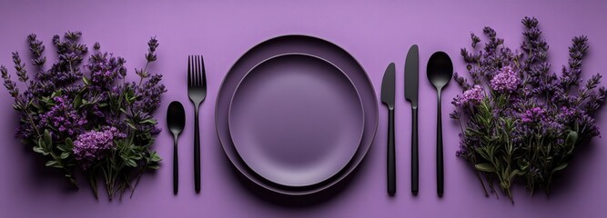 A stylish dining table features purple plates and elegant cutlery framed by lavender flowers