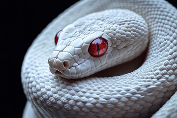 Fototapeta premium A close-up view of a white snake with striking red eyes resting peacefully on a textured surface in a serene environment