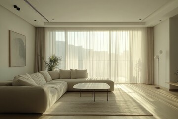 Fototapeta premium A serene living room bathed in soft sunlight, featuring a cozy sofa and minimalist decor.