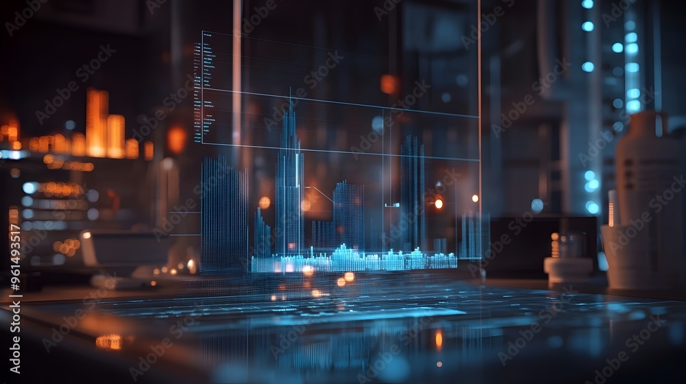 Poster holographic financial forecasting model with predictive analytics visualization showcasing futuristi