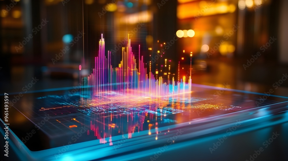 Poster holographic financial forecasting model with predictive analytics and visualization depicting trends