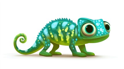 Obraz premium Cute cartoon Chameleon with intricate details, isolated on a clean white background.