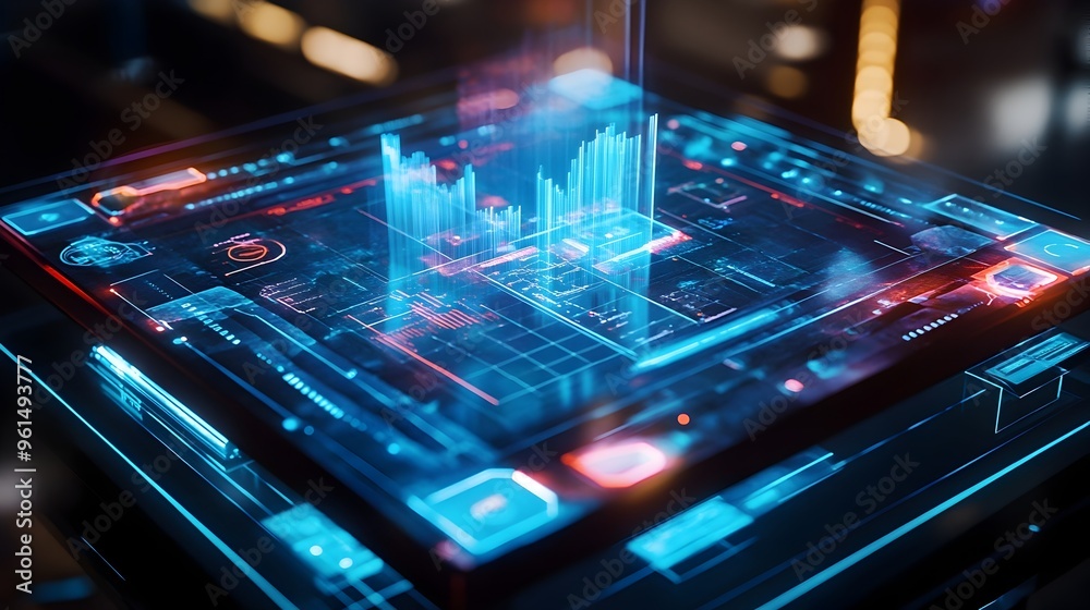 Poster futuristic holographic investment simulation tool featuring interactive visualizations real time dat