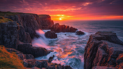 Fototapeta premium A stunning coastal cliffside with waves crashing against the rocks, highlighted by a vibrant sunset painting the sky in hues of orange, pink, and purple, creating a breathtaking natural scene.