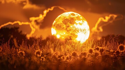  The sun sets over a field of tall grass In the foreground, tall blades sway Clouds fill the background