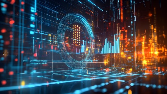 A holographic representation of a financial forecasting model with advanced predictive analytics providing a sophisticated and data driven visualization for business strategy and decision making