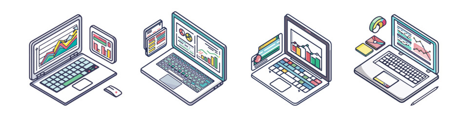 Four isometric laptops with business charts and graphs on screen. Data analysis, business strategy and financial management concept.