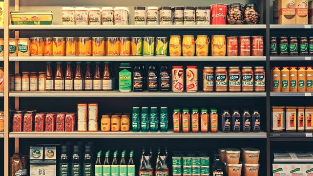 Grocery shopping in a local market featuring a wide variety of beverages and condiments on neatly arranged shelves